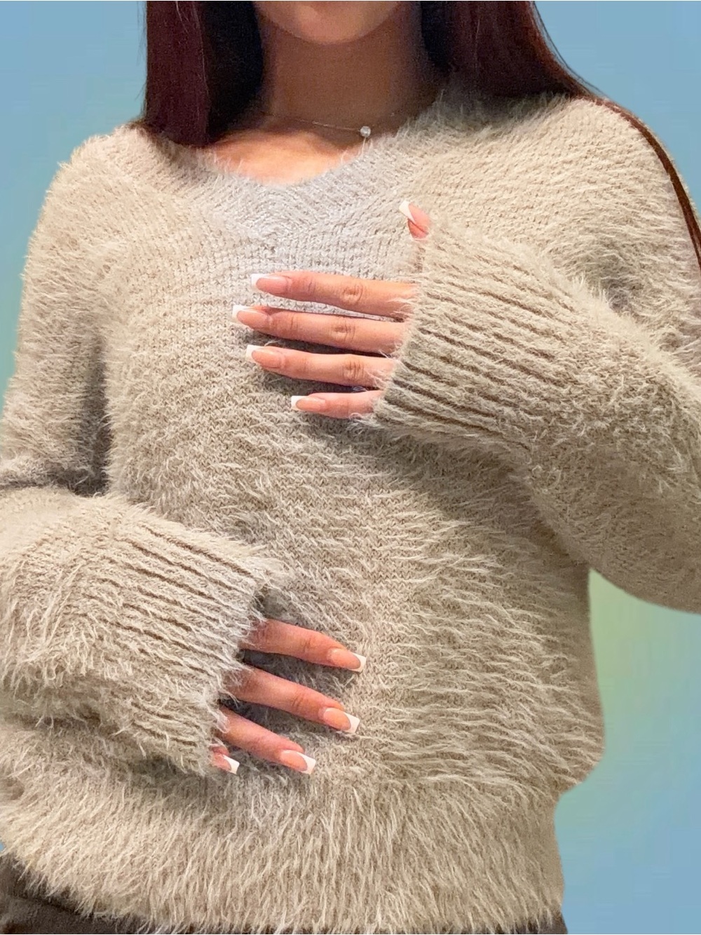 Cozy Fuzzy V-Neck Sweater in Gray - Women's Sweater
